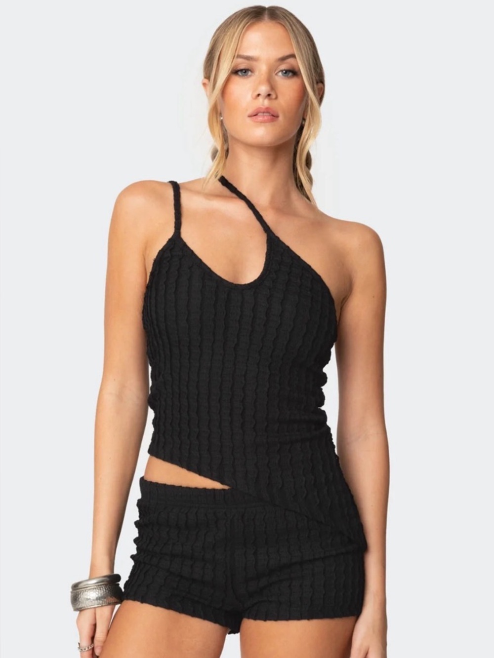 Y2k inspired Edikted Black textured Asymmetrical Tank Top Women's size M #summer
